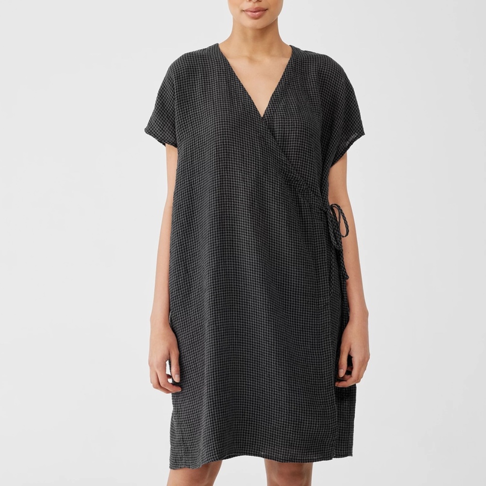 Eileen Fisher Gingham Linen Wrap Dress • Size XXS